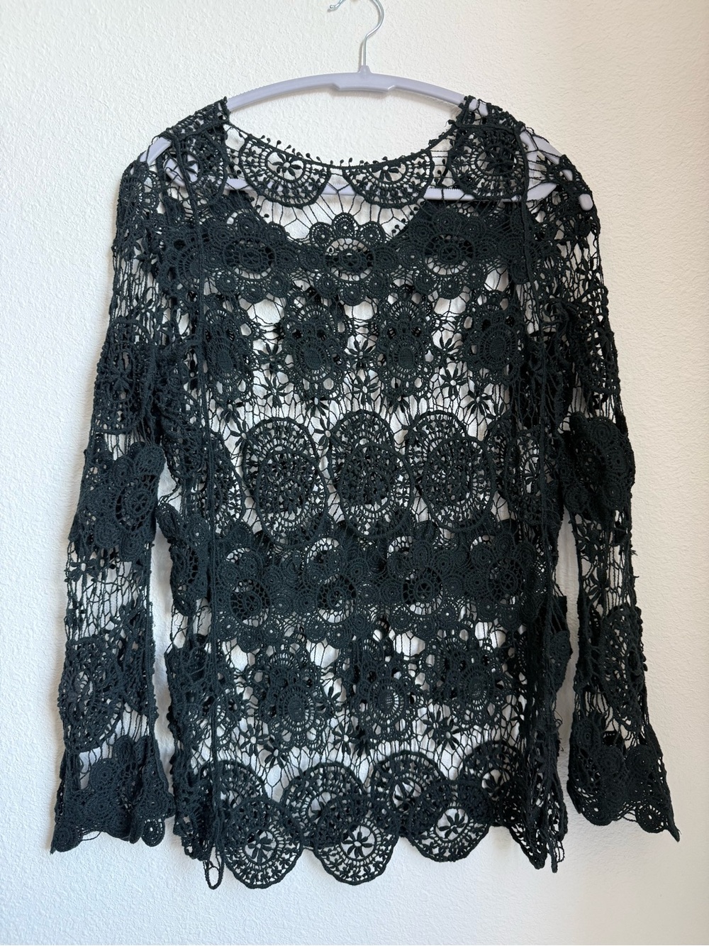 Euro Summer Black Crochet Bell Sleeve Top